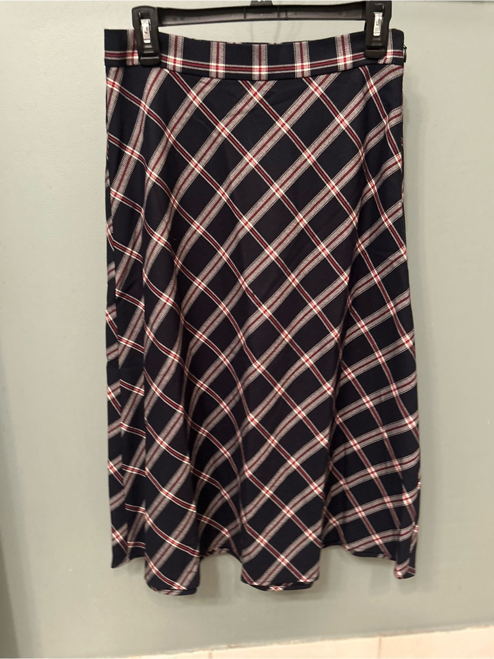 LOFT Navy Plaid A-Line Midi Skirt Red White Size 4